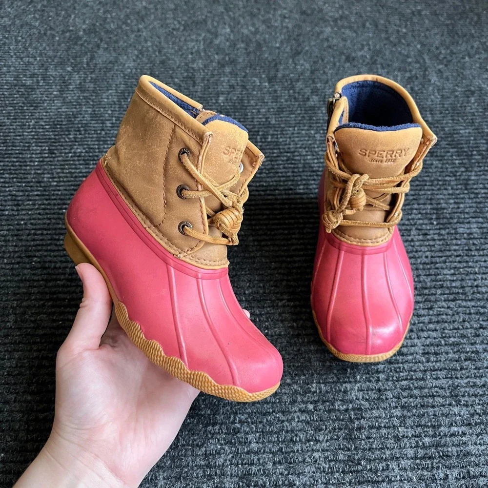 Sperry Saltwater Duck Boots Kids 11M Pink Tan Waterproof Side Zip rain snow shoe